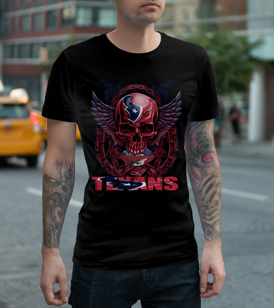 Skullfb Texans Winged Skull with Chains and Football Elements T-Shirt
