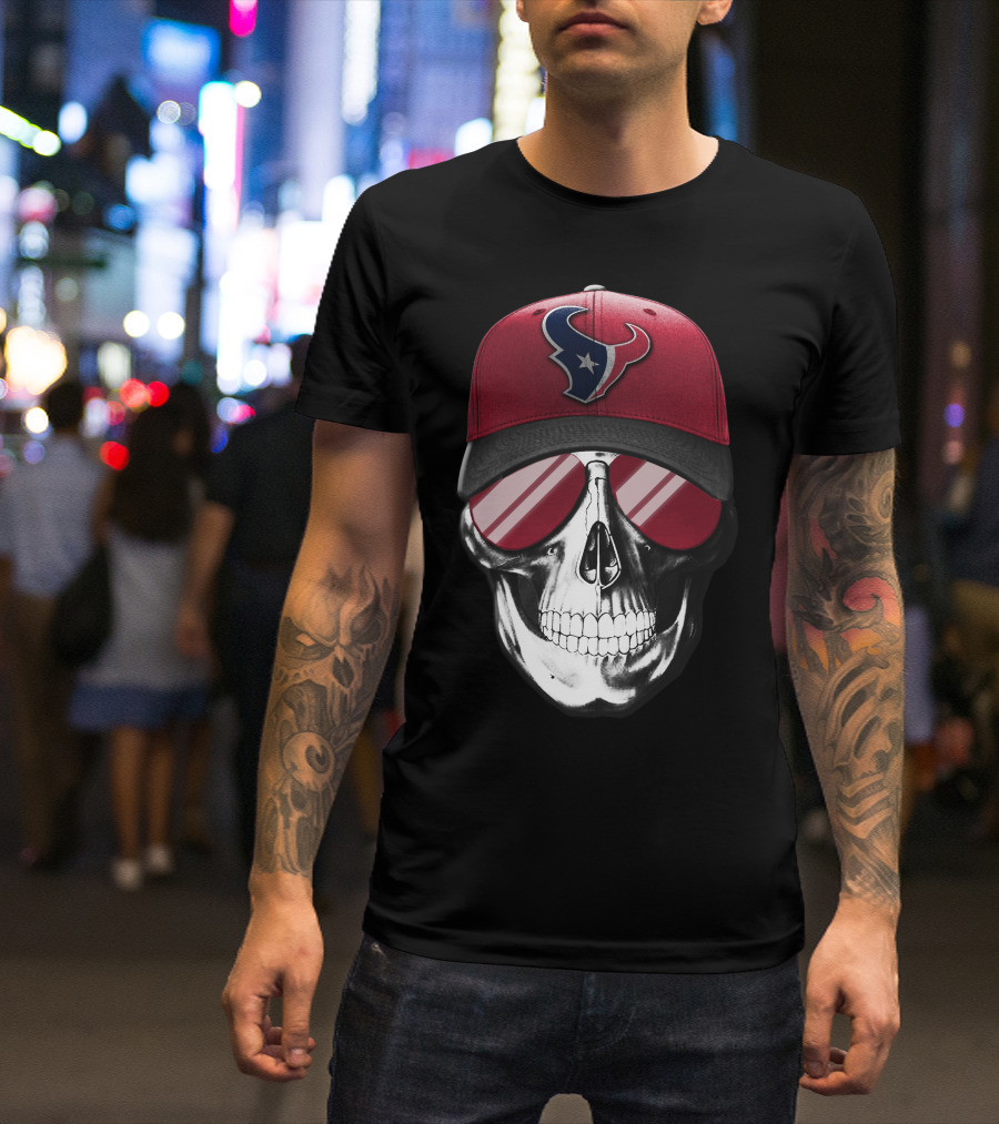 Skull With Red Cap Featuring Houston Texans Logo And Reflective Sunglasses T-Shirt