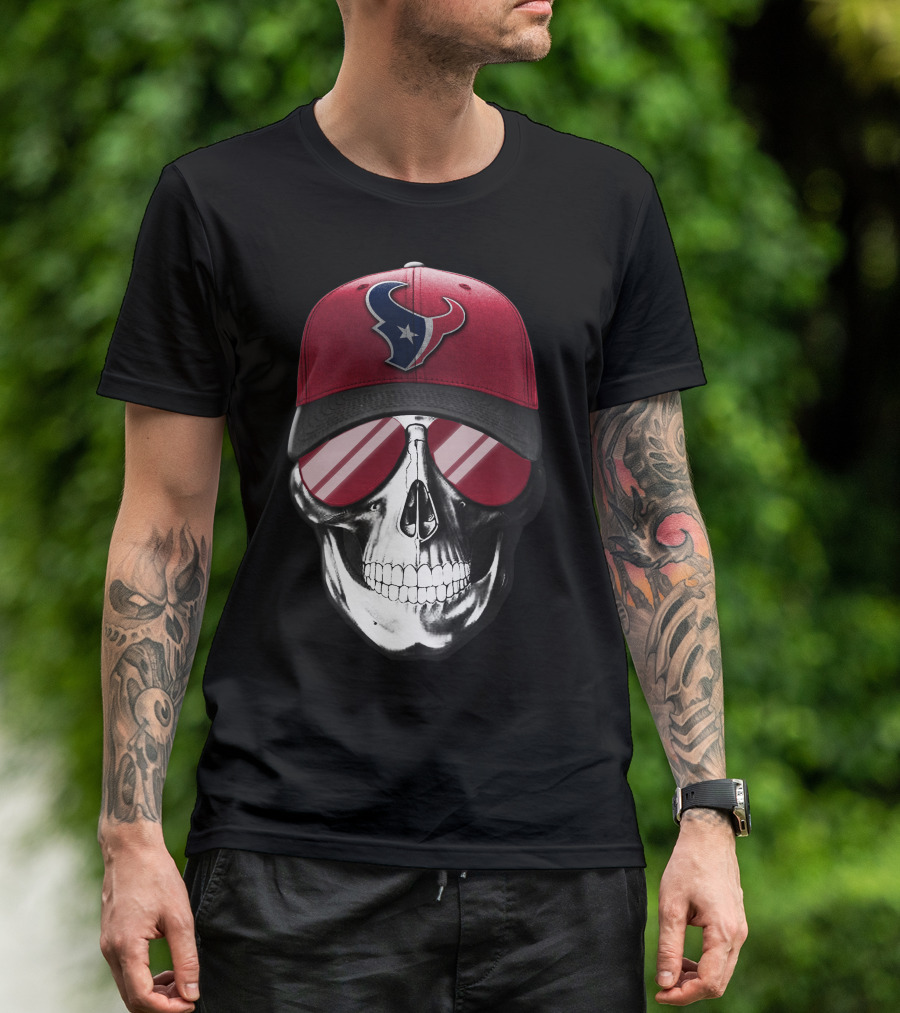 Skull With Red Cap Featuring Houston Texans Logo And Reflective Sunglasses T-Shirt