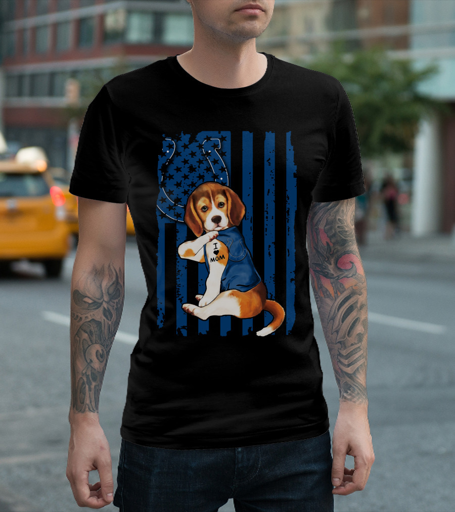 Beagle Puppy In Indianapolis Colts Shirt With I Love Mom Tattoo Flag Background T-Shirt