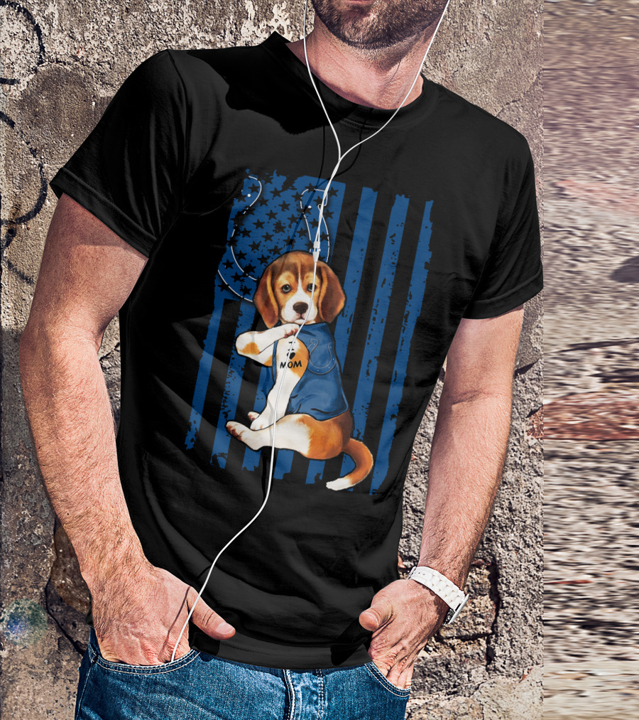 Beagle Puppy In Indianapolis Colts Shirt With I Love Mom Tattoo Flag Background T-Shirt
