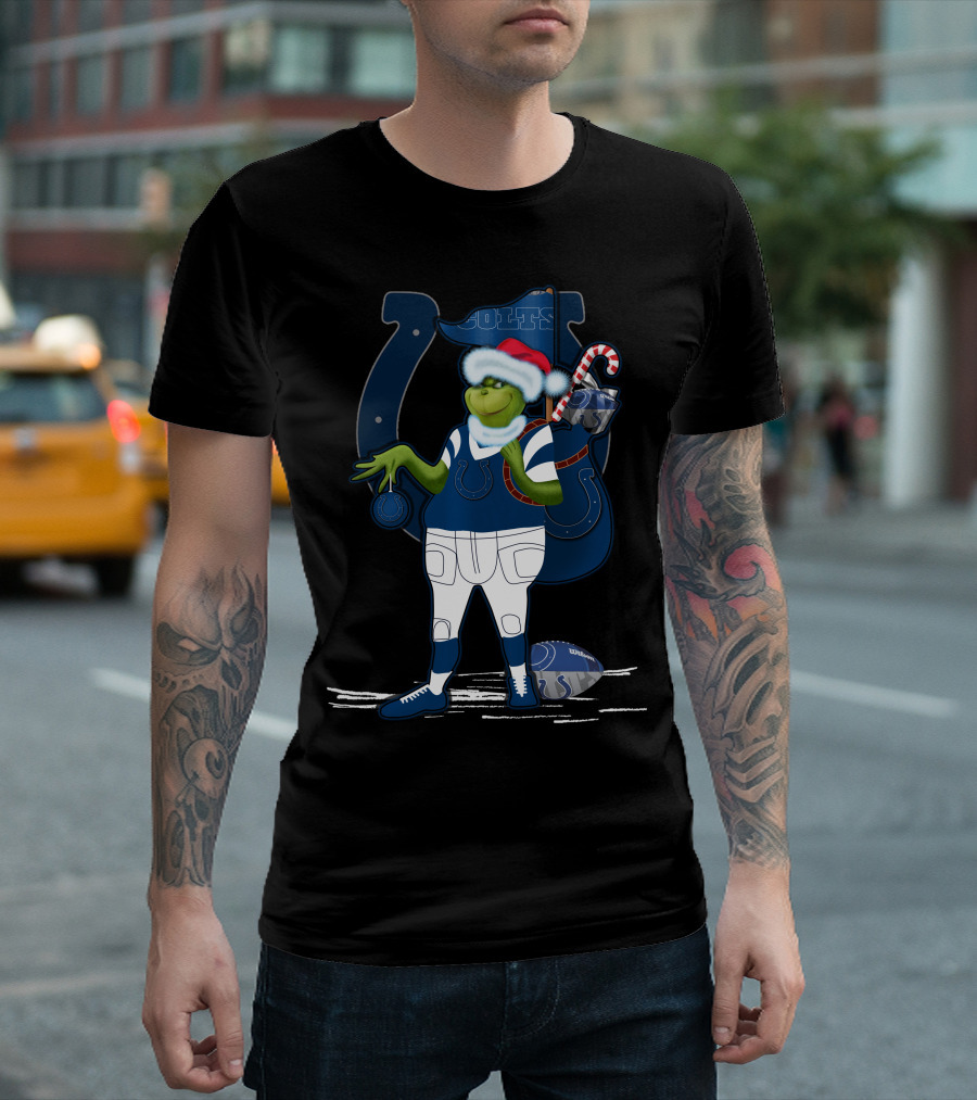 Grinchxmas Indianapolis Colts Santa Hat Candy Cane Football T-Shirt