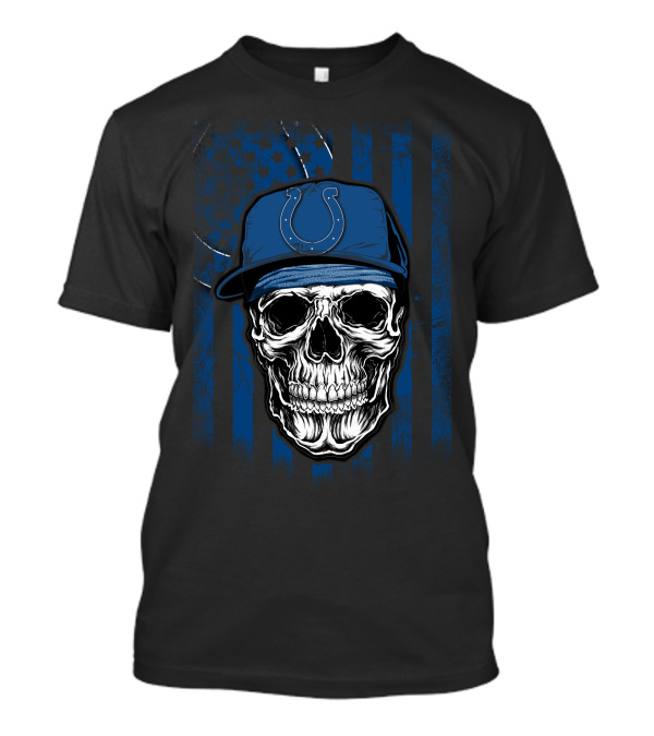 Indianapolis Colts Skull With Blue Flag Background T-Shirt