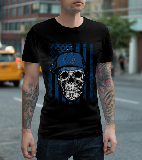 Indianapolis Colts Skull With Blue Flag Background T-Shirt