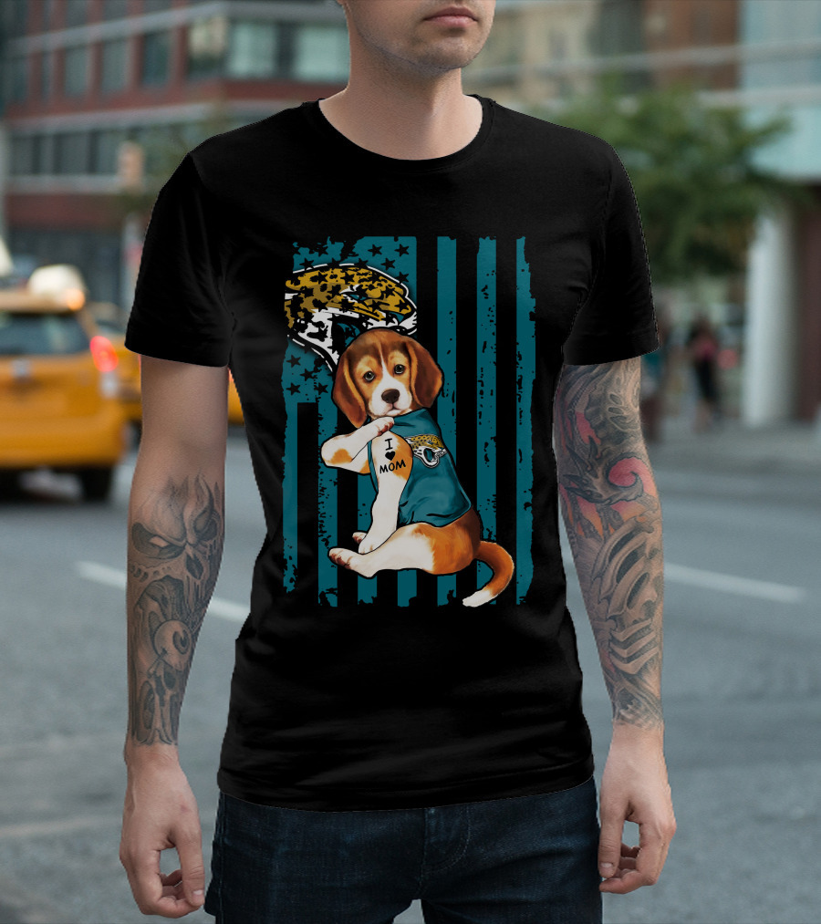 Beagle Wearing Jacksonville Jaguars Jersey with I Love Mom Tattoo and Jaguar T-Shirt
