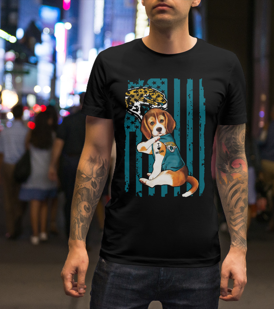 Beagle Wearing Jacksonville Jaguars Jersey With I Love Mom Tattoo And Jaguar T-Shirt