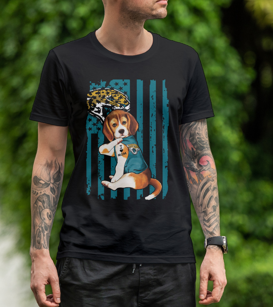 Beagle Wearing Jacksonville Jaguars Jersey With I Love Mom Tattoo And Jaguar T-Shirt