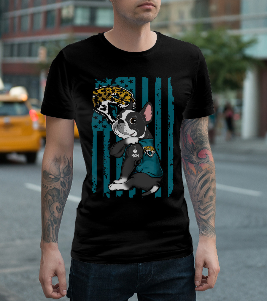 Boston Terrier I Love Mom Jacksonville Jaguars Fan Flag T-Shirt