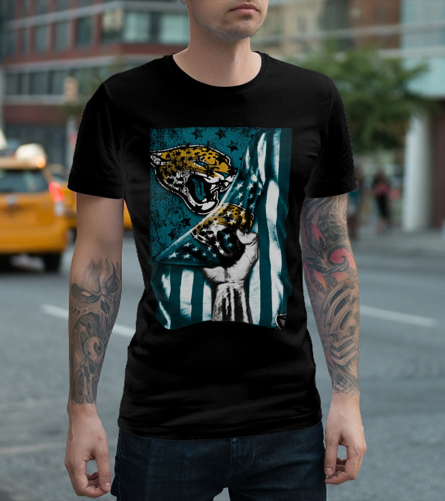 Jacksonville Jaguars Flag with Bold Jaguar Logo and Teal Stripes T-Shirt