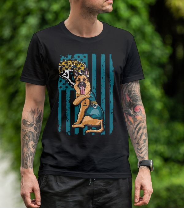 German Shepherd With Jacksonville Jaguars Tattoo And Flag Background T-Shirt