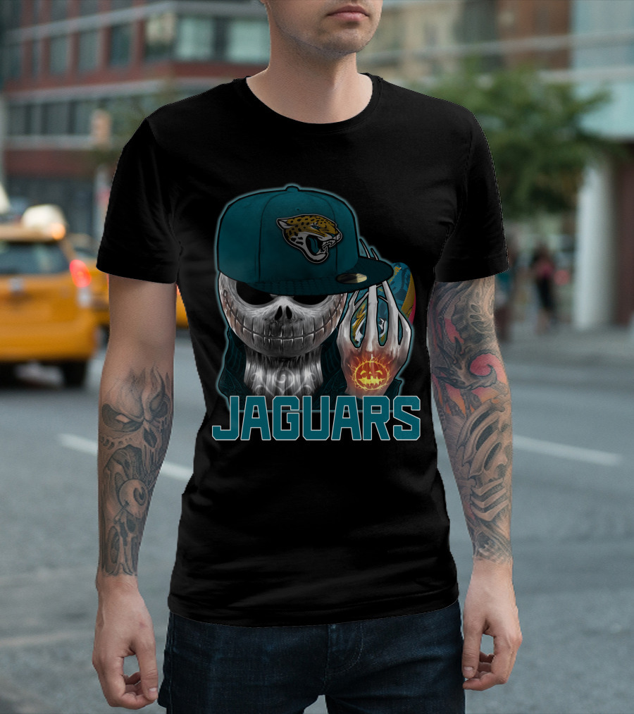 Jackskull Jaguars Halloween Skull Holding Pumpkin With Jaguars Logo Hat T-Shirt