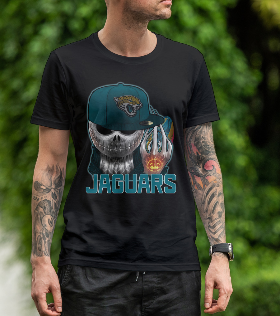 Jackskull Jaguars Halloween Skull Holding Pumpkin With Jaguars Logo Hat T-Shirt