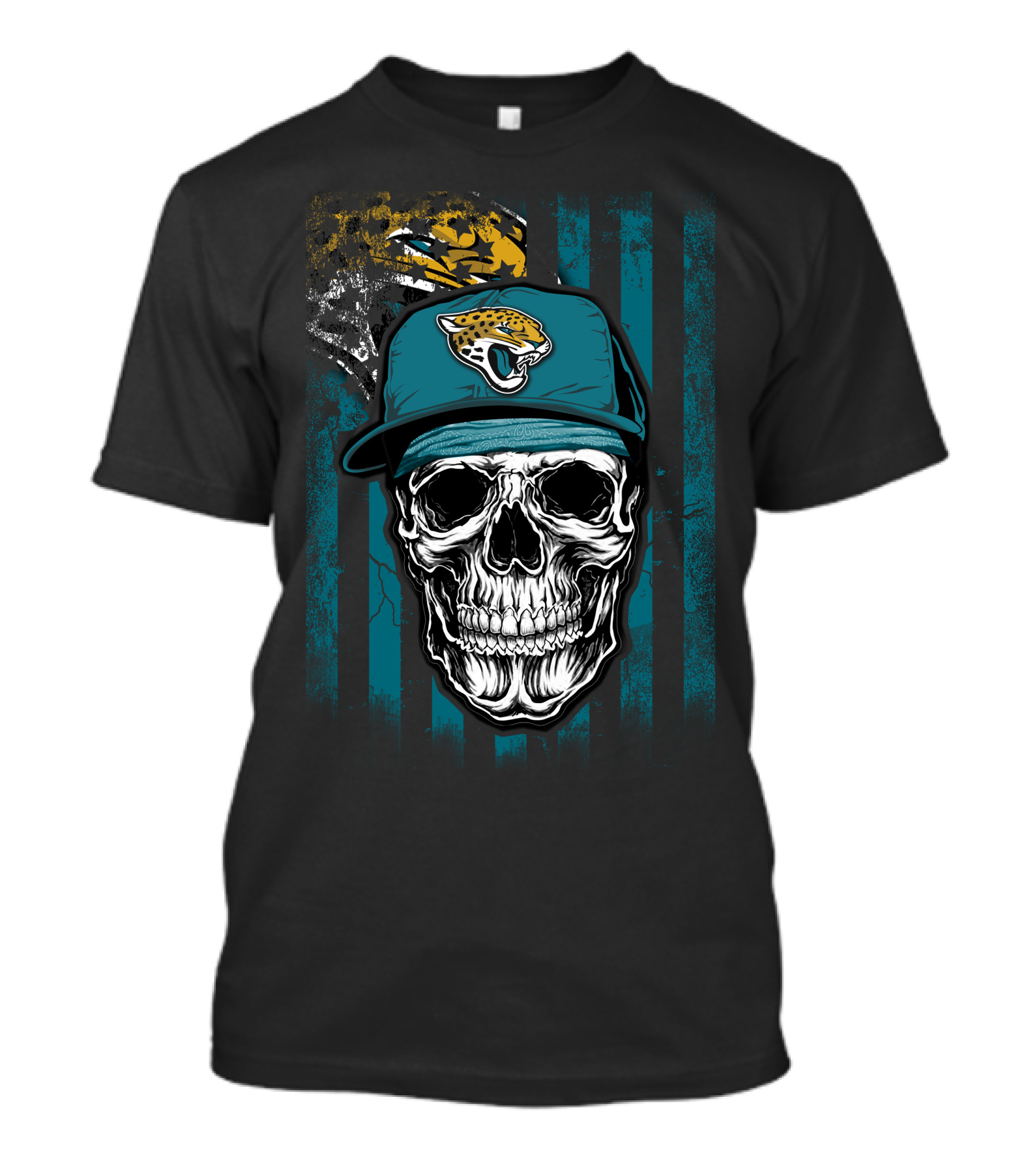 Skull In Jacksonville Jaguars Cap With Teal Stripes T-Shirt