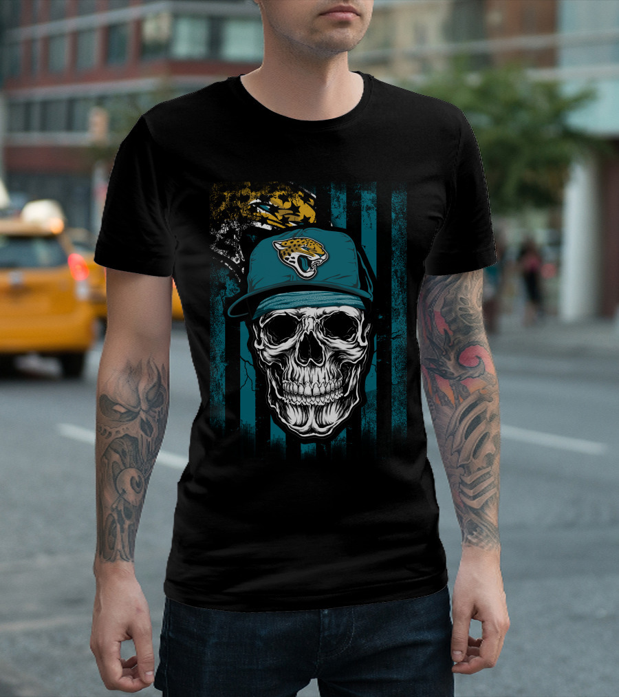 Skull in Jacksonville Jaguars Cap with Teal Stripes T-Shirt