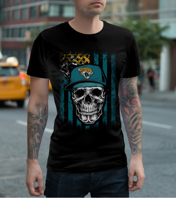 Skull In Jacksonville Jaguars Cap With Teal Stripes T-Shirt