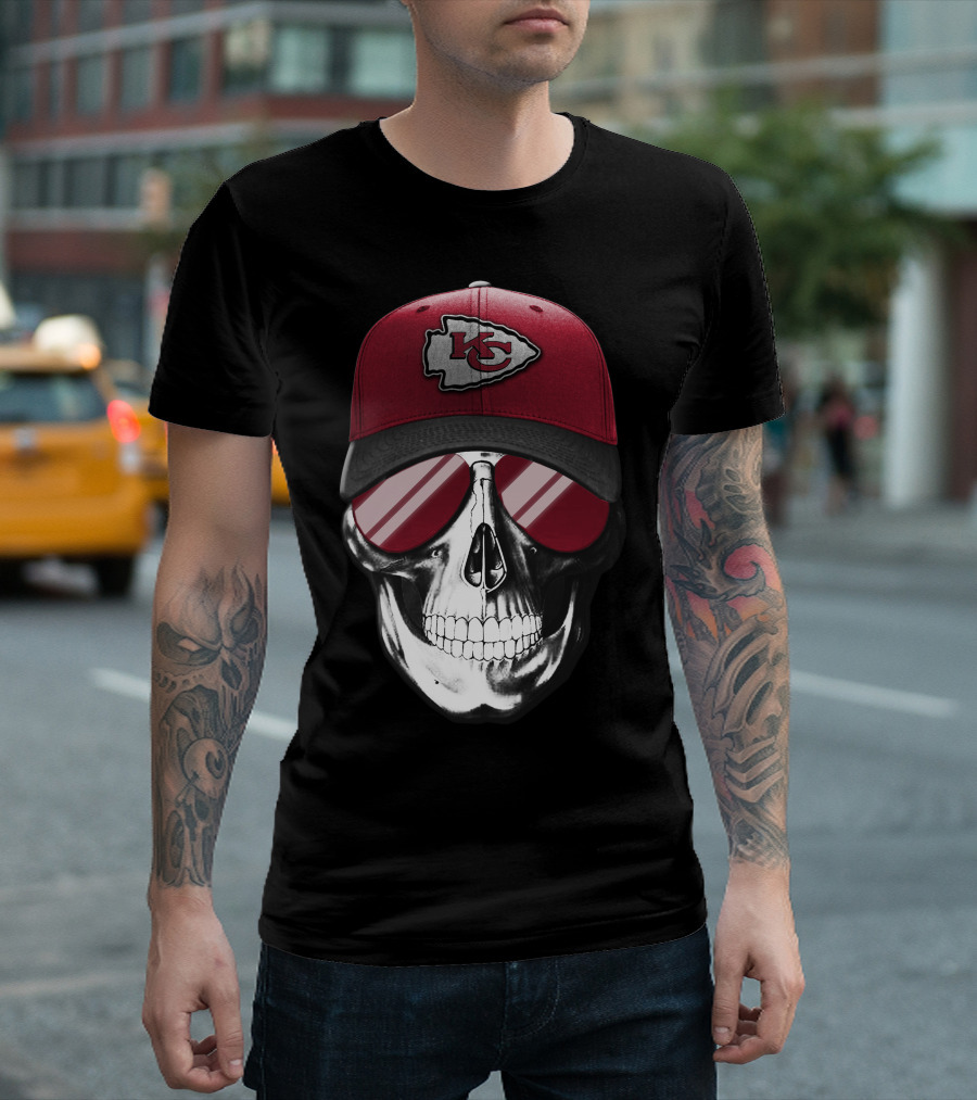 Skull With Kansas City Chiefs Hat And Sunglasses T-Shirt