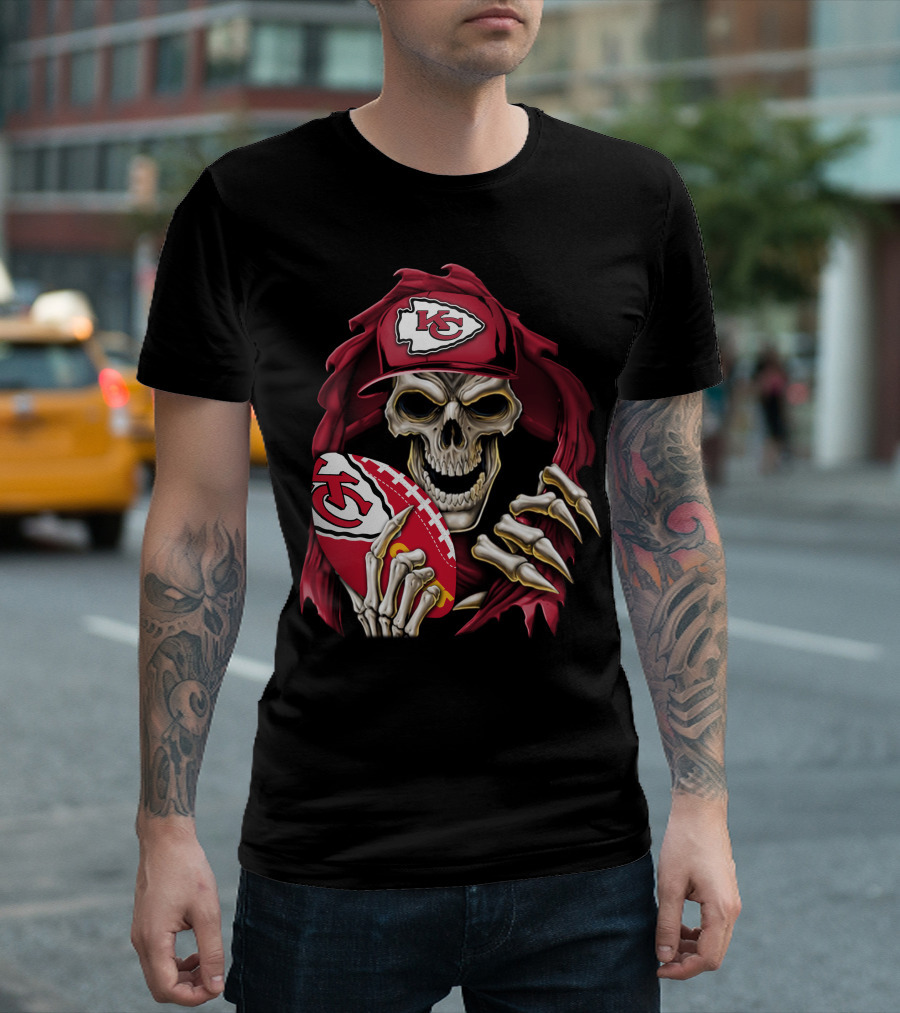 Skullbong Kansas City Chiefs Skeleton Holding Football with KC T-Shirt