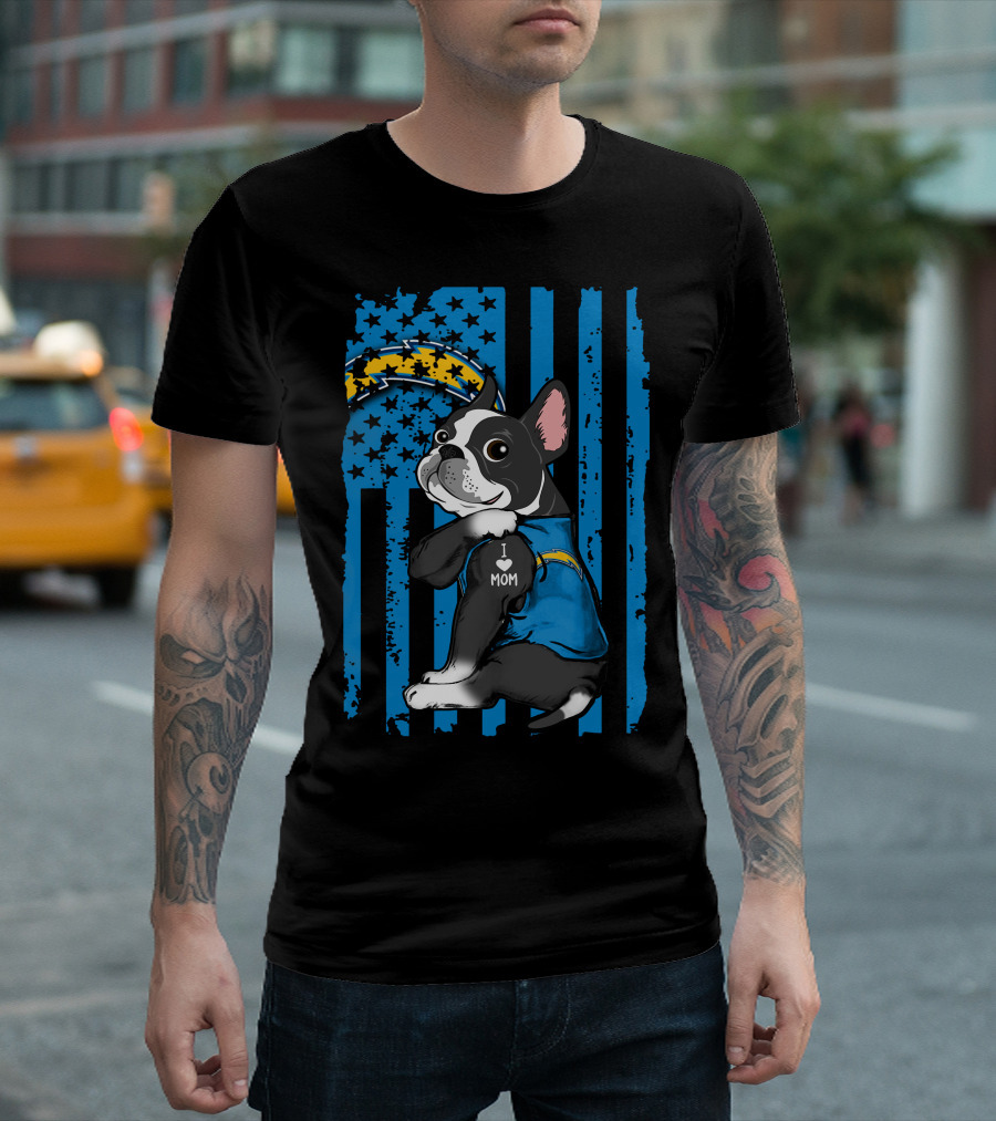 Boston Terrier I Love Mom Los Angeles Chargers Fan T-Shirt