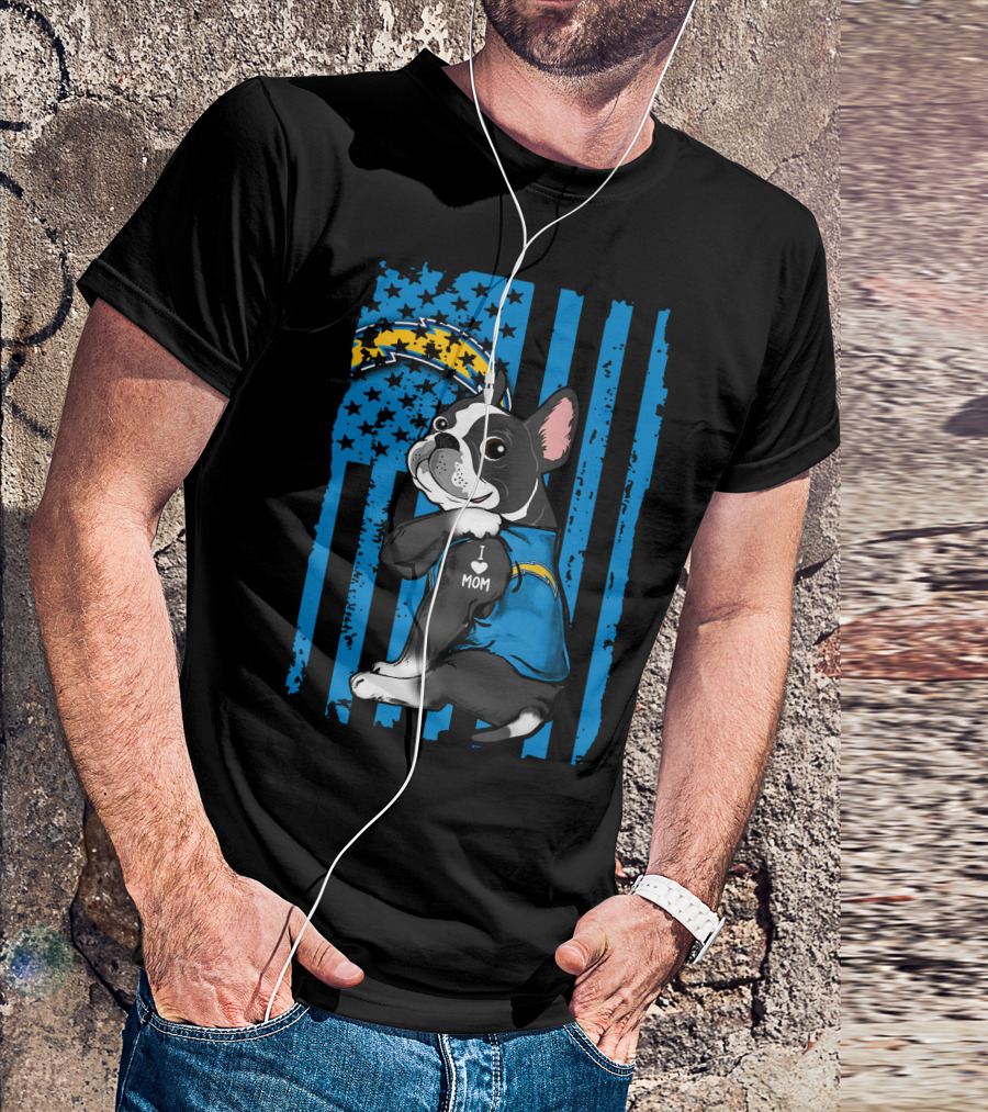 Boston Terrier I Love Mom Los Angeles Chargers Fan T-Shirt