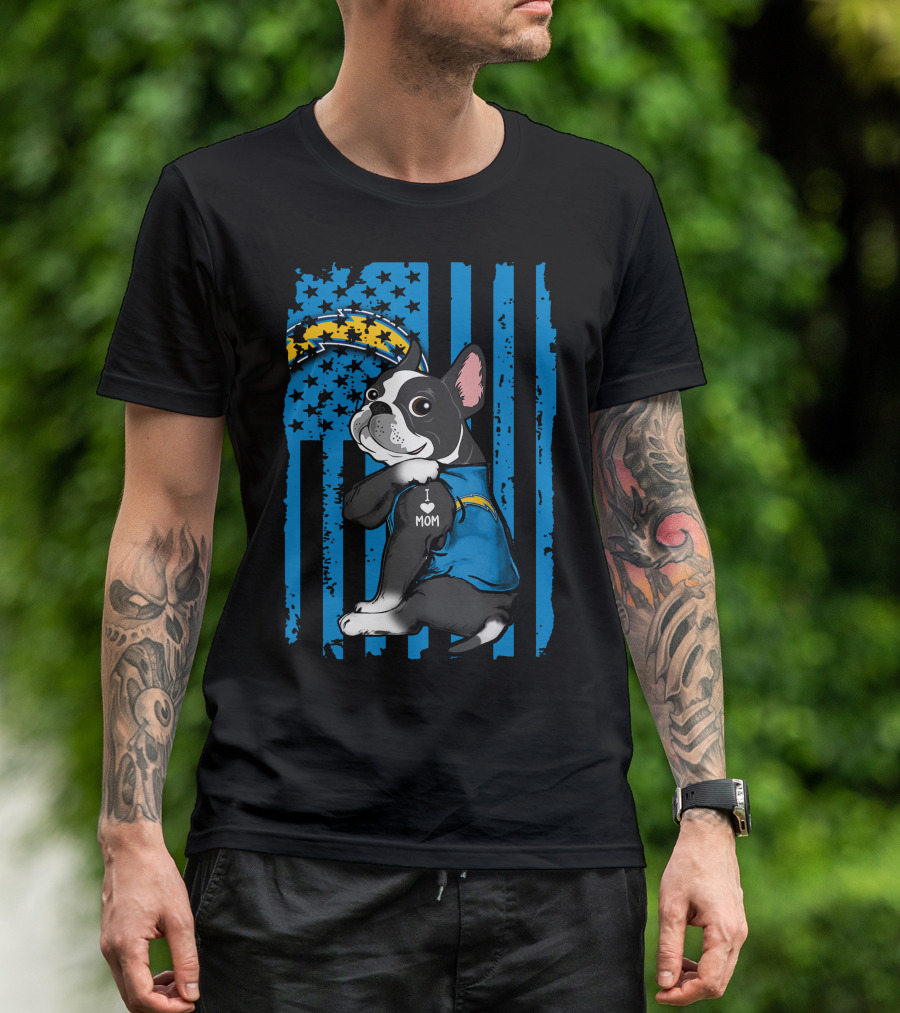 Boston Terrier I Love Mom Los Angeles Chargers Fan T-Shirt