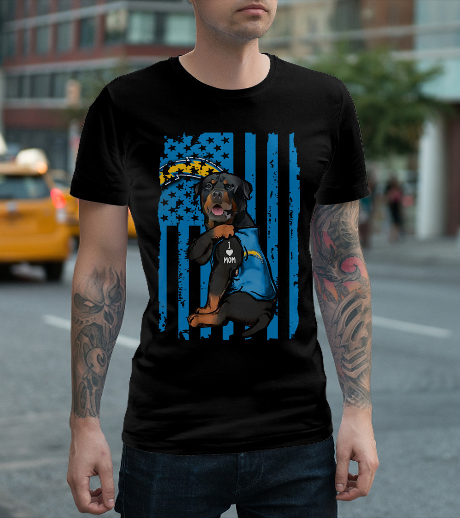 Rottweiler I Love Mom Los Angeles Chargers Blue Flag T-Shirt