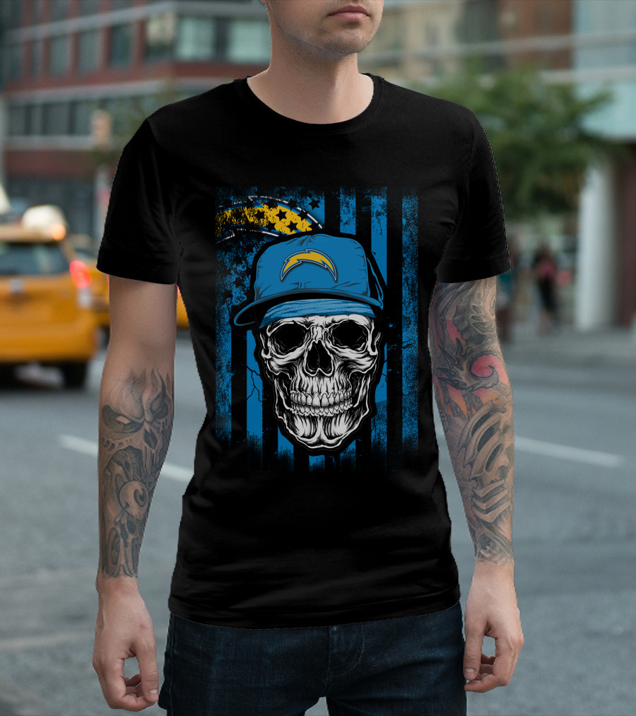 Skull With Los Angeles Chargers Lightning Bolt Hat On T-Shirt