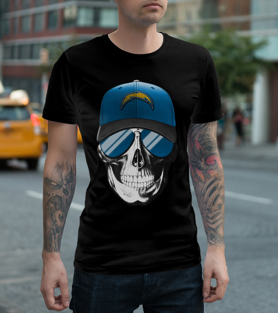 Skull Wearing Los Angeles Chargers Cap with Blue Sunglasses T-Shirt