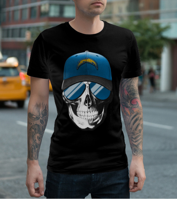 Skull Wearing Los Angeles Chargers Cap With Blue Sunglasses T-Shirt