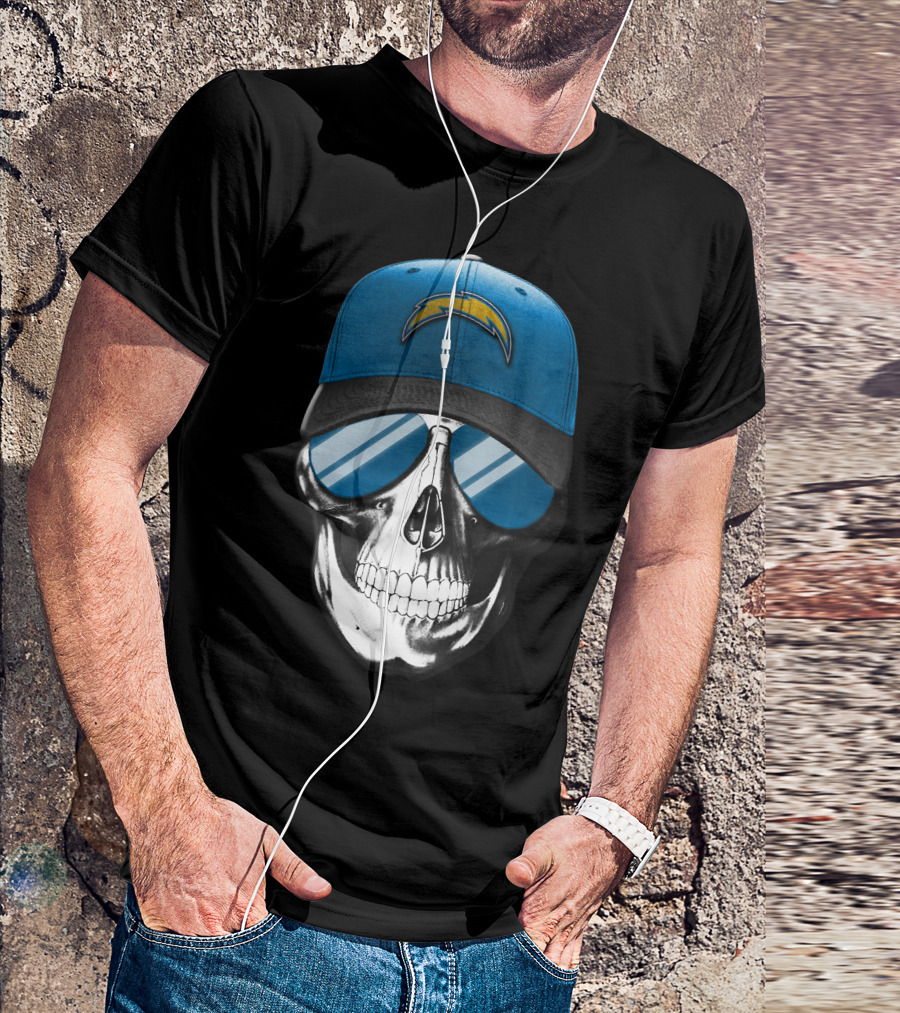 Skull Wearing Los Angeles Chargers Cap With Blue Sunglasses T-Shirt