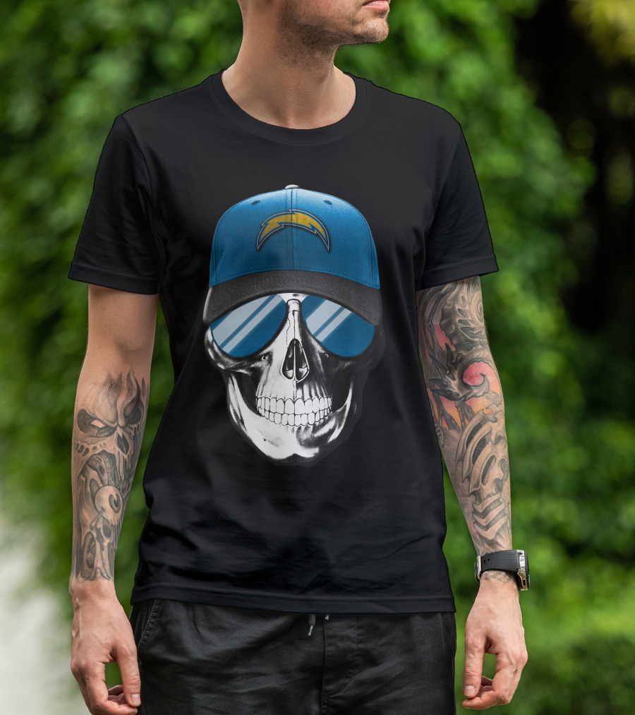 Skull Wearing Los Angeles Chargers Cap With Blue Sunglasses T-Shirt