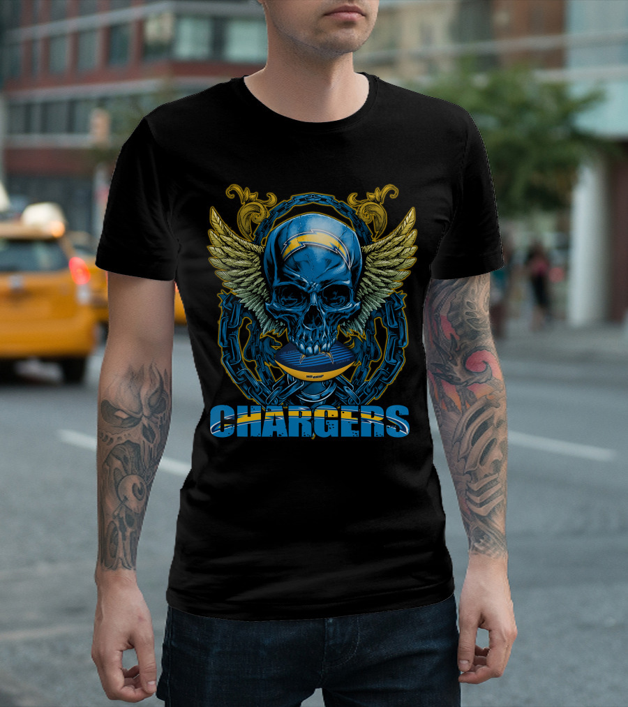 Skullfb Chargers Los Angeles Winged Skull Football Helmet And Chains T-Shirt