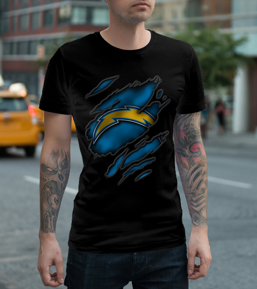 Torn Los Angeles Chargers Lightning Bolt Ripped Blue Claw Marks T-Shirt