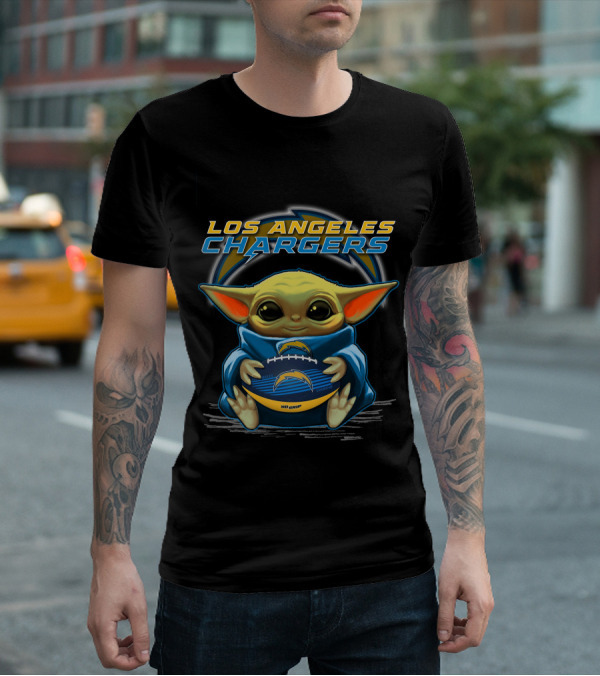 Los Angeles Chargers Baby Yoda Holding Football T-Shirt