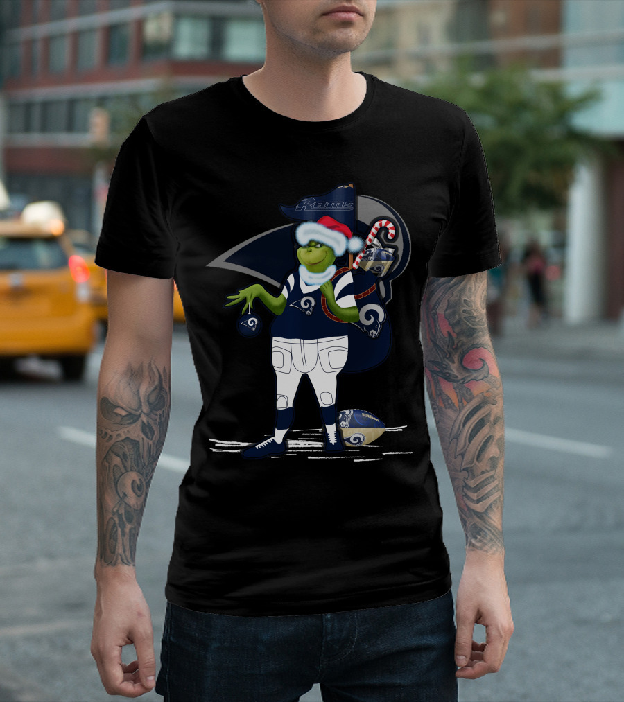Grinchxmas Los Angeles Rams Football Santa and Candy Cane T-Shirt