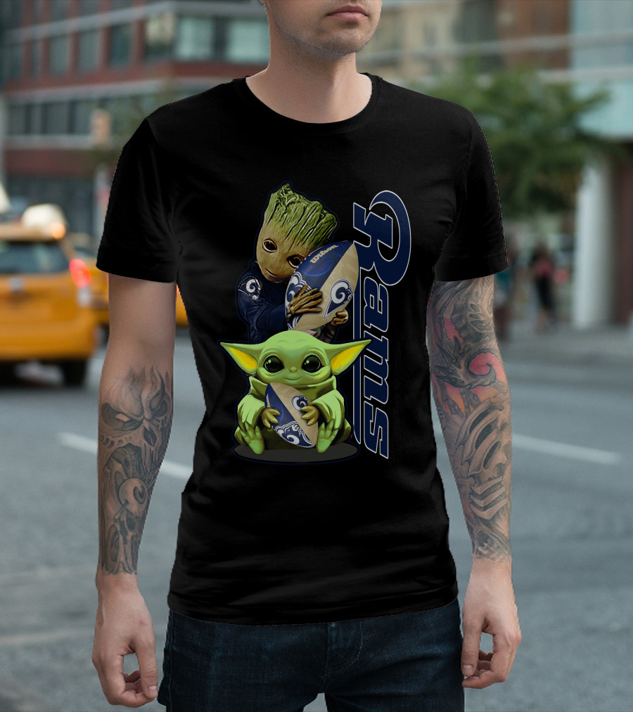Groot and Baby Yoda with Rams Football Los Angeles Grzd T-Shirt