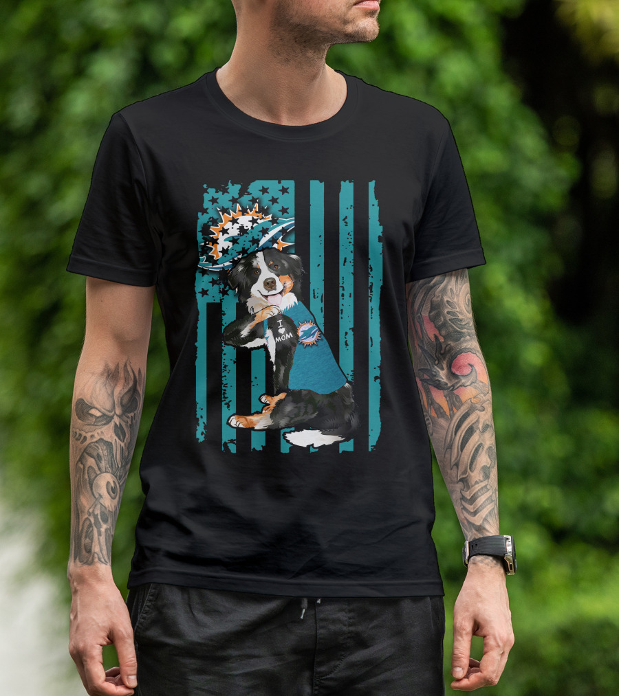 Border Collie I Love Mom Miami Dolphins Flag T-Shirt