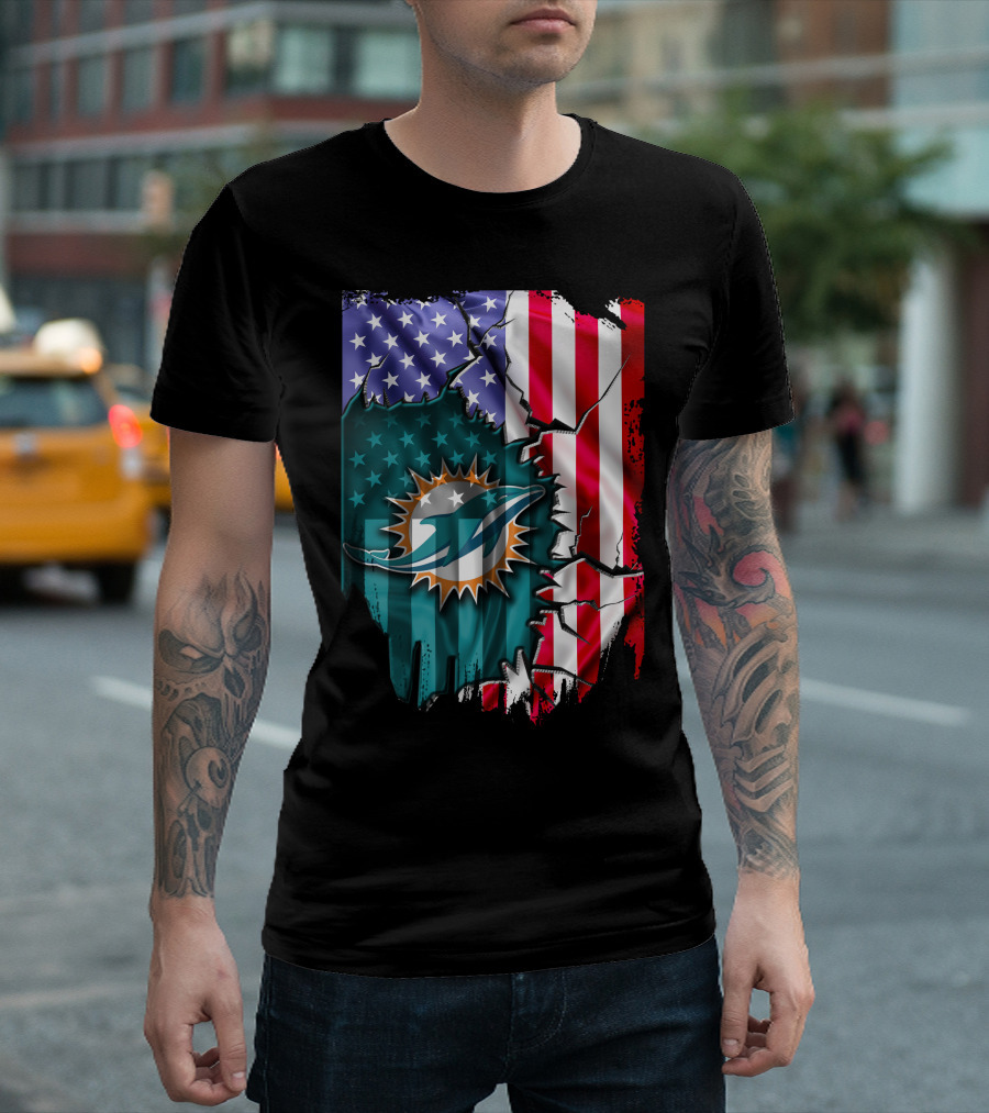 USA Flag Miami Dolphins Logo Cracked Effect T-Shirt