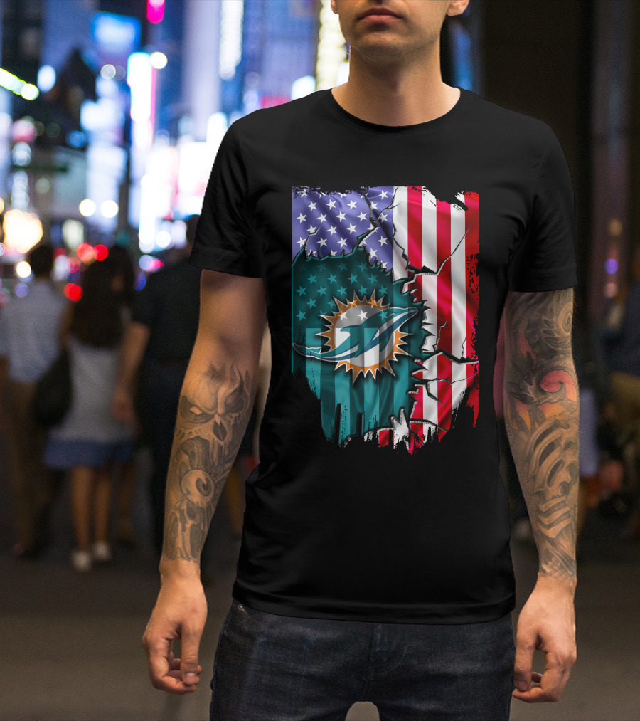 USA Flag Miami Dolphins Logo Cracked Effect T-Shirt