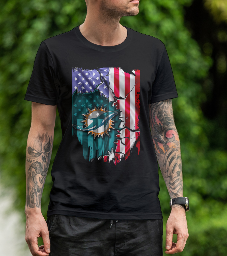 USA Flag Miami Dolphins Logo Cracked Effect T-Shirt