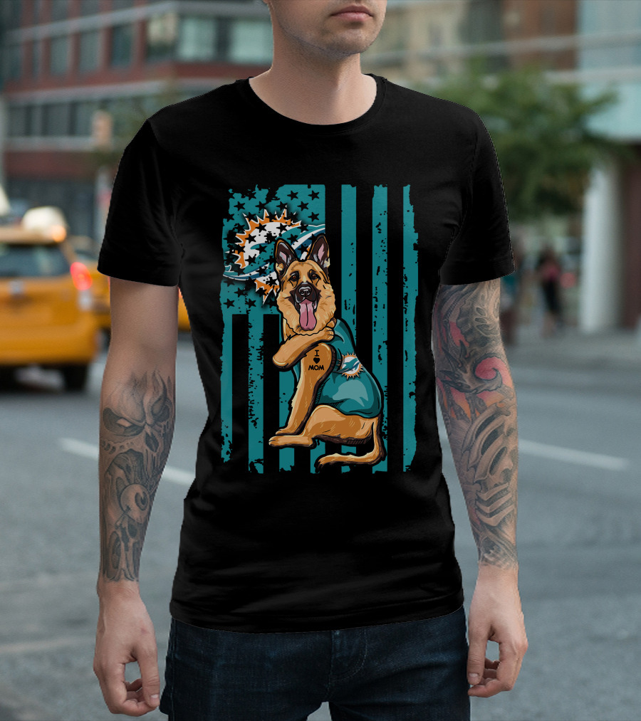 German Shepherd I Love Mom Miami Dolphins Fan T-Shirt