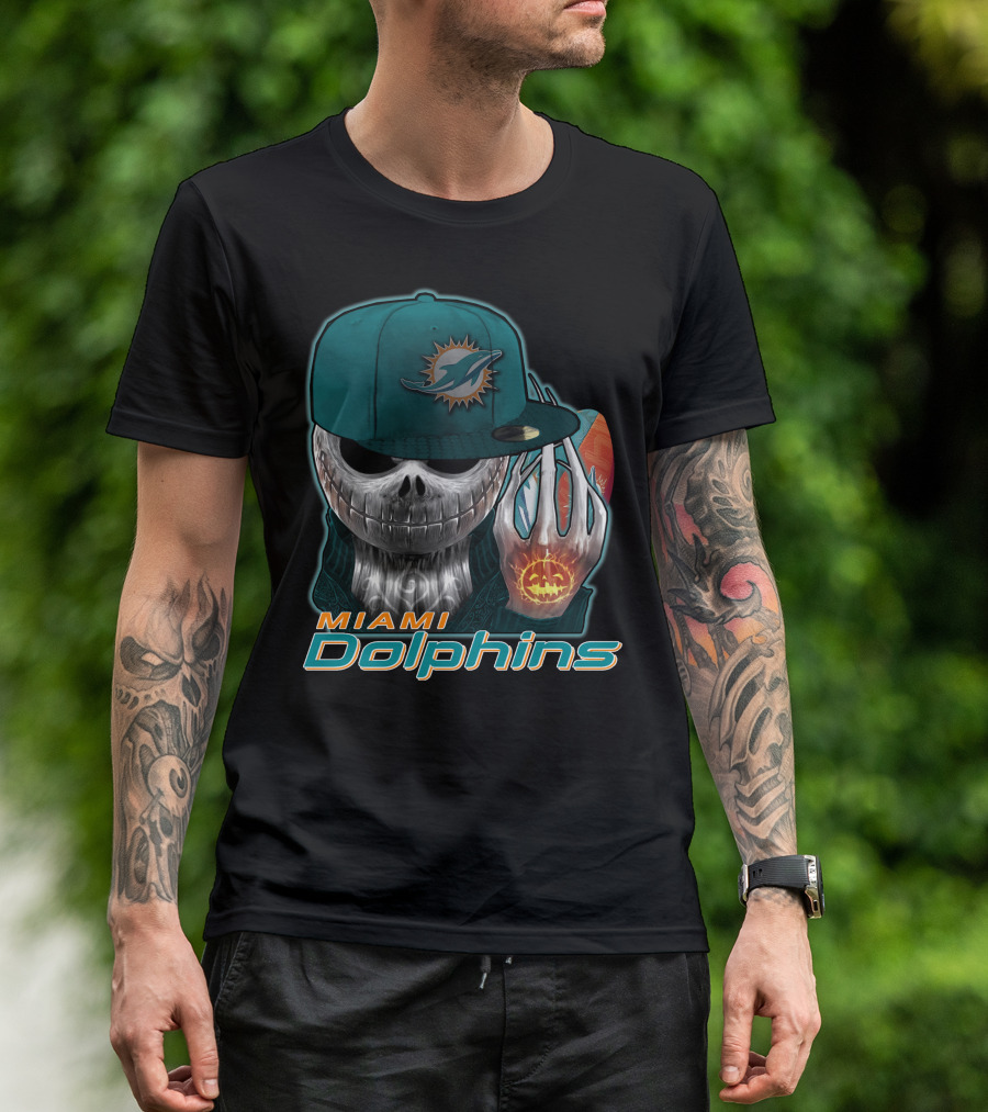Miami Dolphins Skull With Jack-O'-Lantern Glove T-Shirt