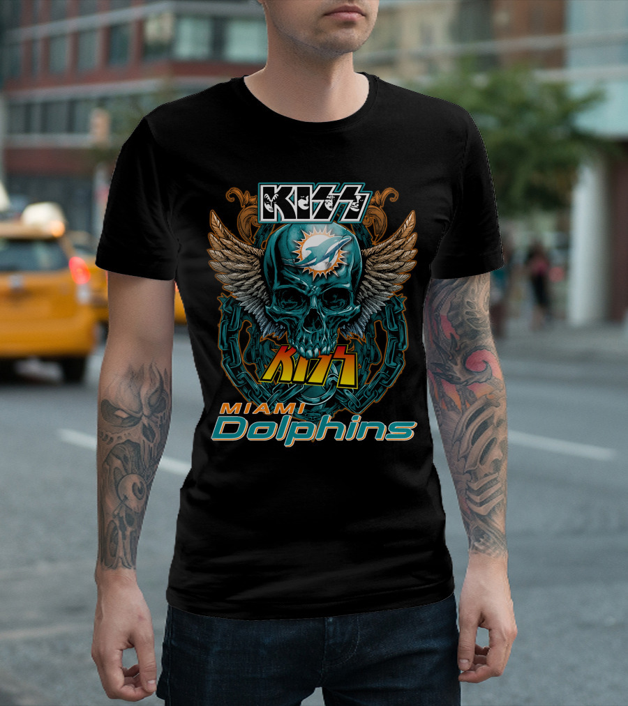 Kiss Miami Dolphins Skull Wings Logo Fusion T-Shirt