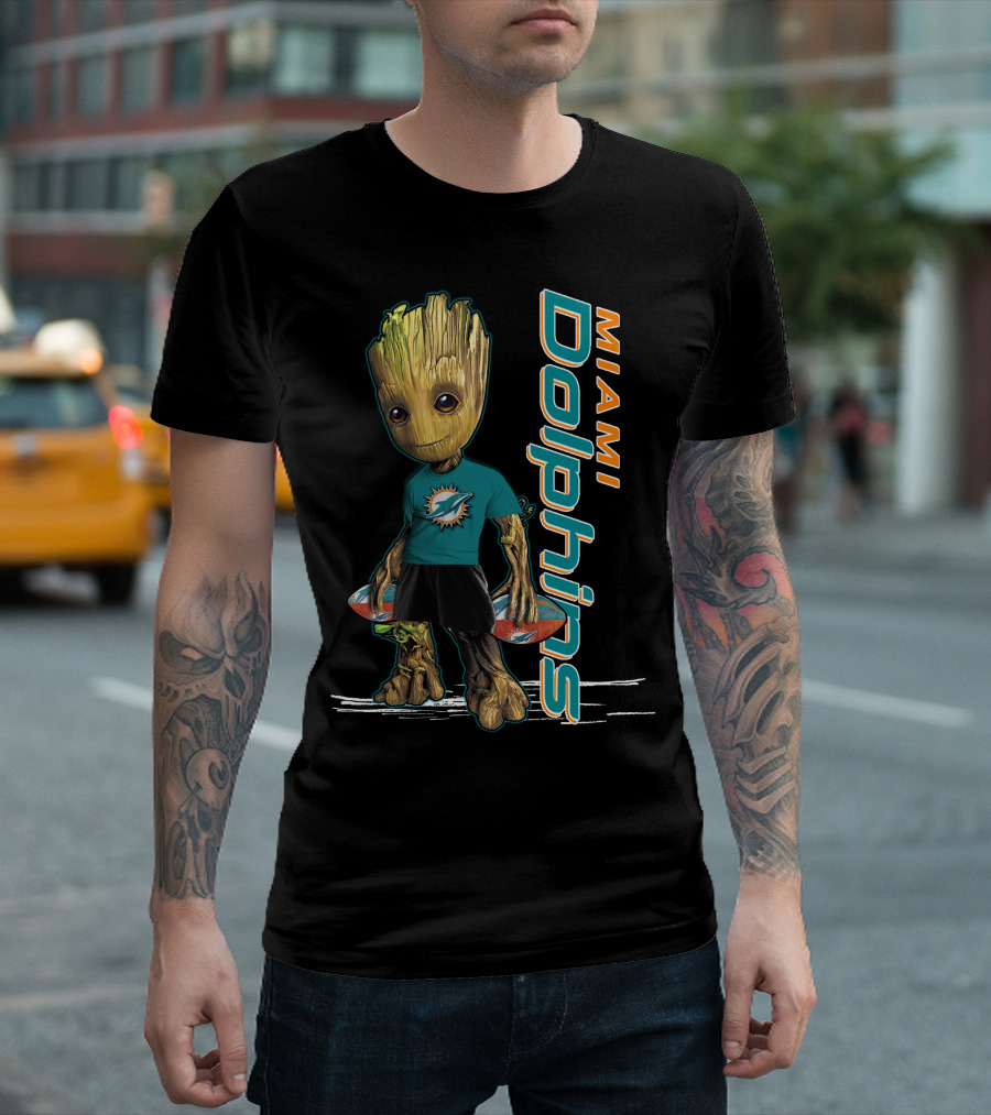 Groot Wearing Miami Dolphins Merchandise With Team Logo And Sports T-Shirt