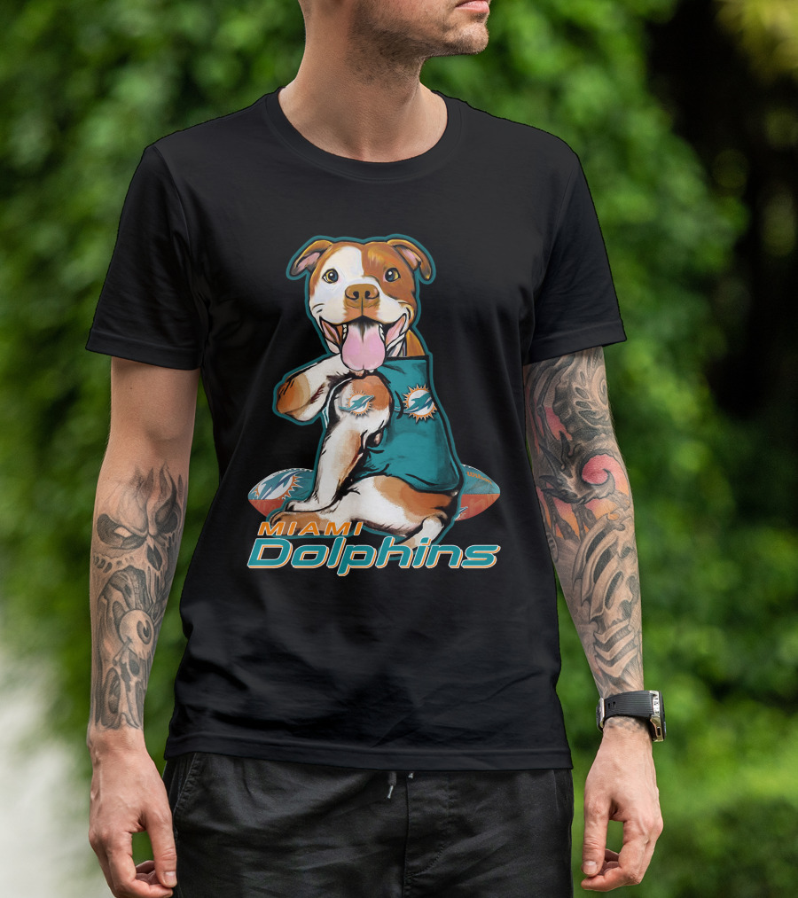 Pittbull Wearing Miami Dolphins Jersey With Logo And Football T-Shirt