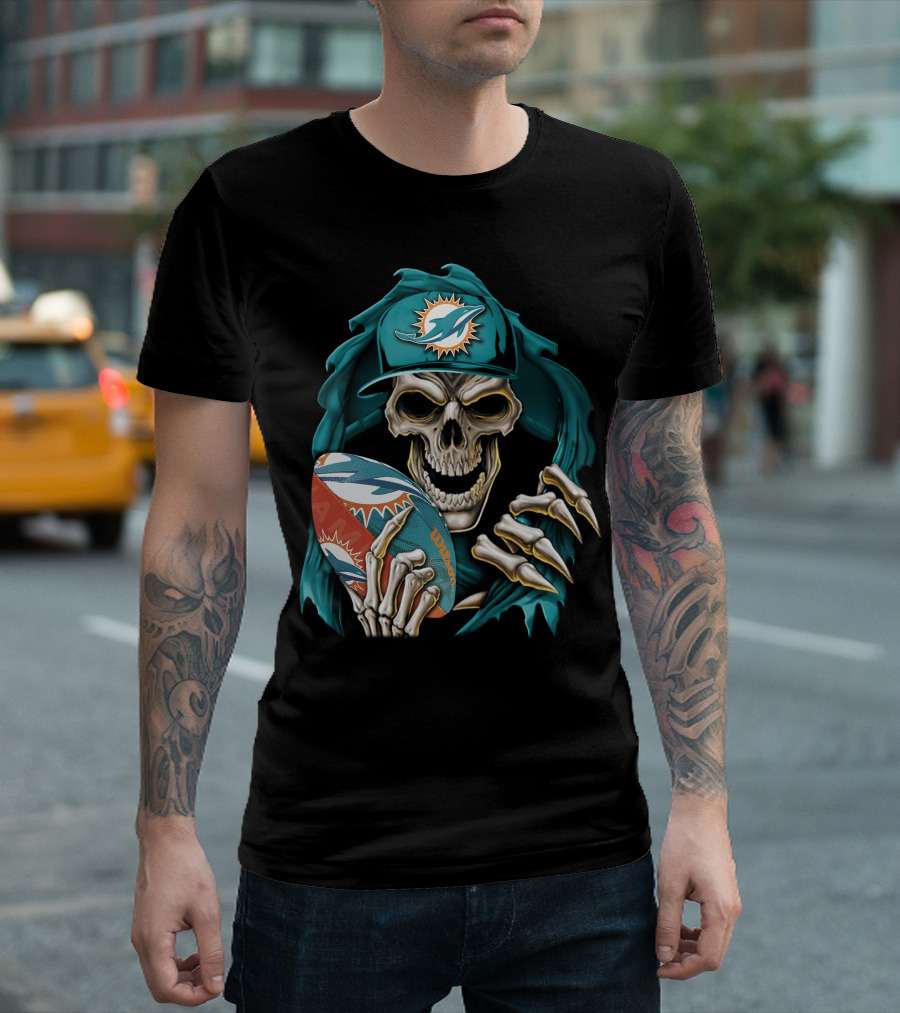 Skullbong Miami Dolphins Football Skeleton T-Shirt