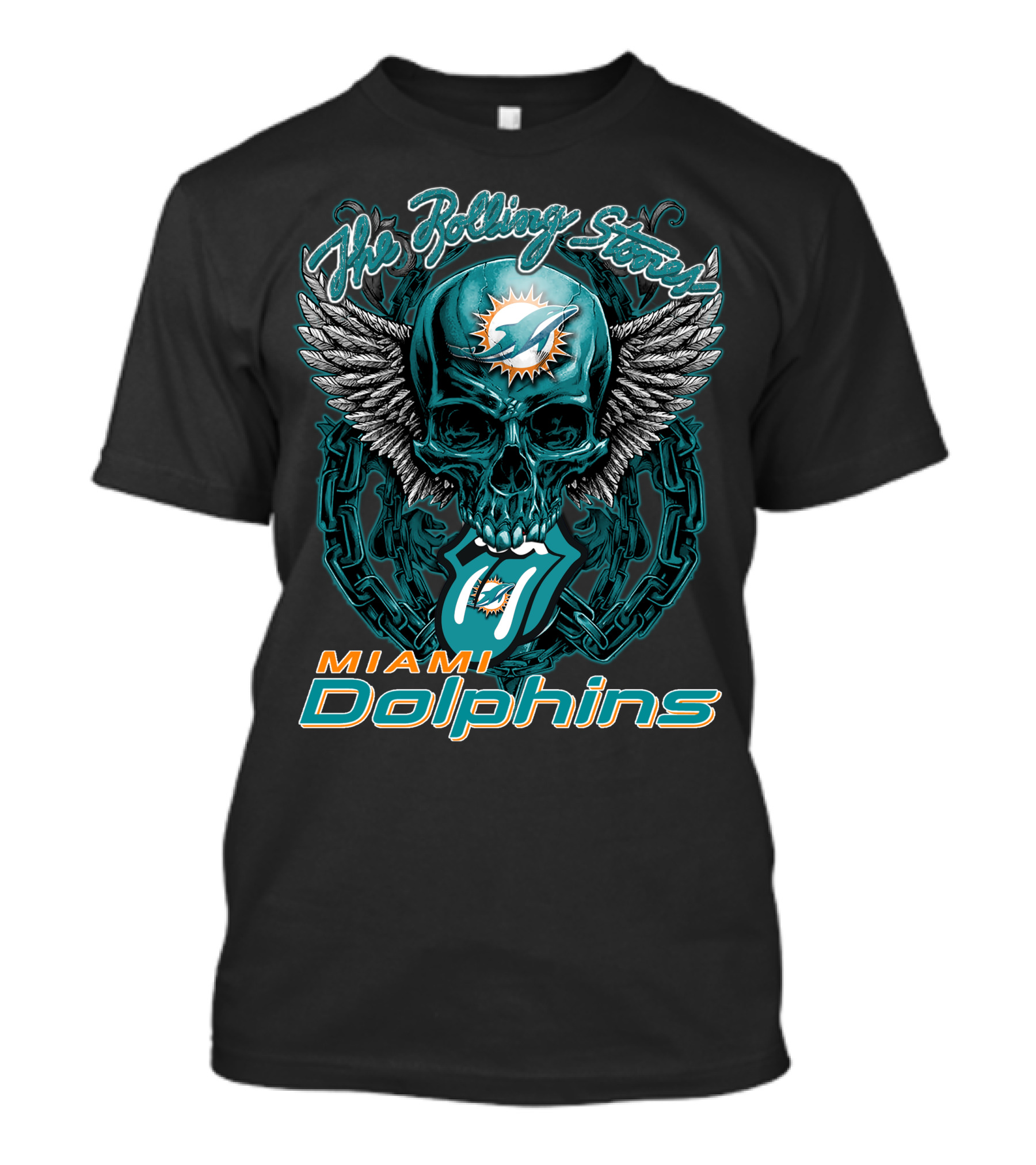 The Rolling Stones Miami Dolphins Skull With Wings Iconic Tongue T-Shirt