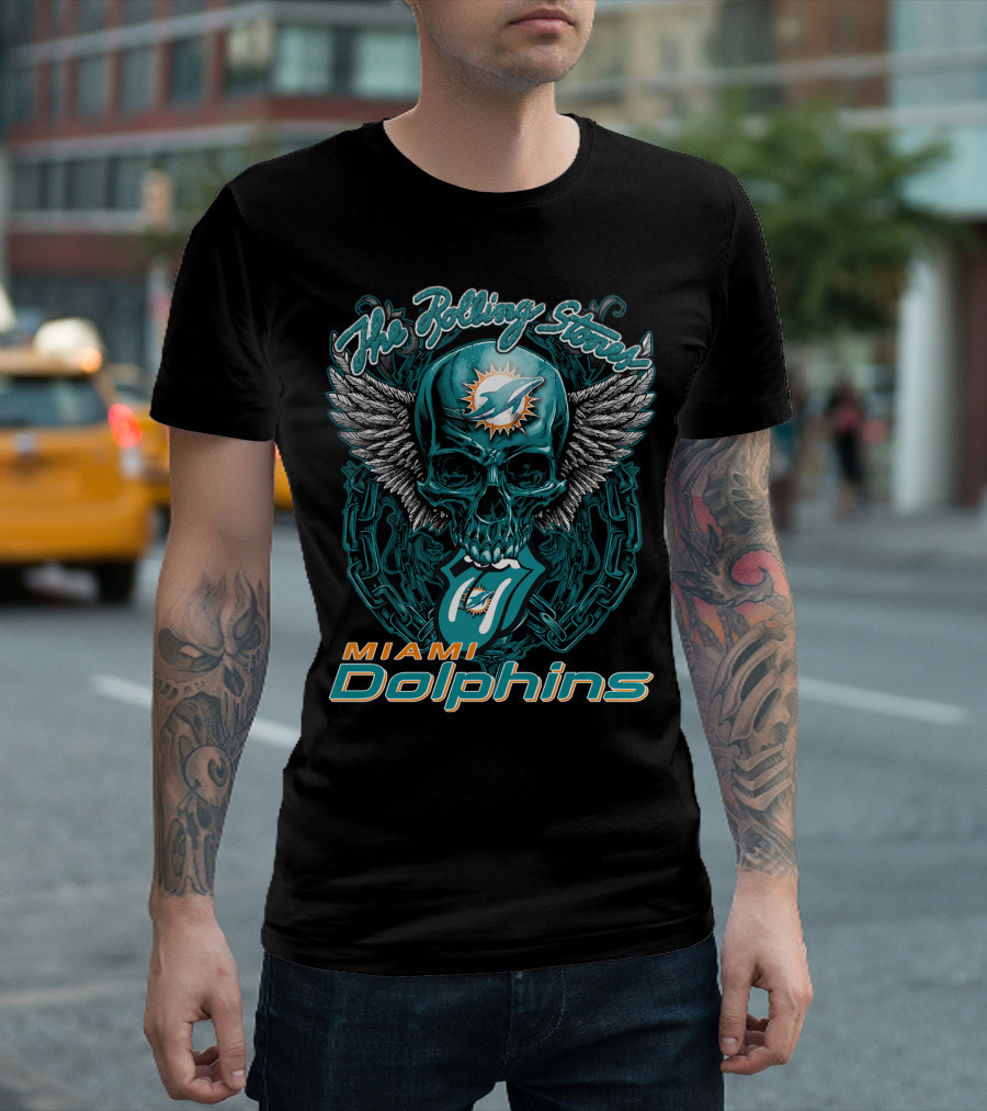 The Rolling Stones Miami Dolphins Skull With Wings Iconic Tongue T-Shirt