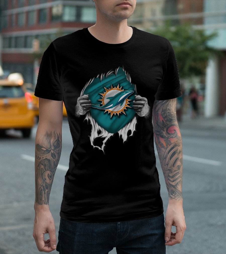 Torn Miami Dolphins Emblem With Hands Peeling Effect T-Shirt