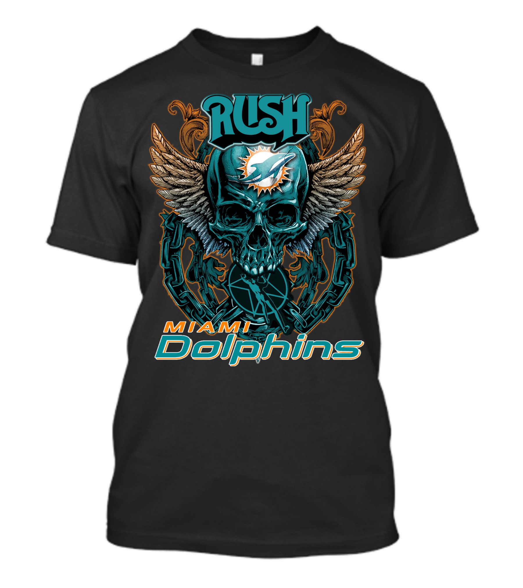 RUSH Miami Dolphins Skull Wings Chain T-Shirt