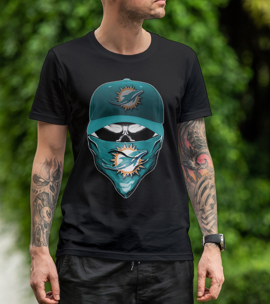 Skull Miami Dolphins Logo Hat And Bandana T-Shirt